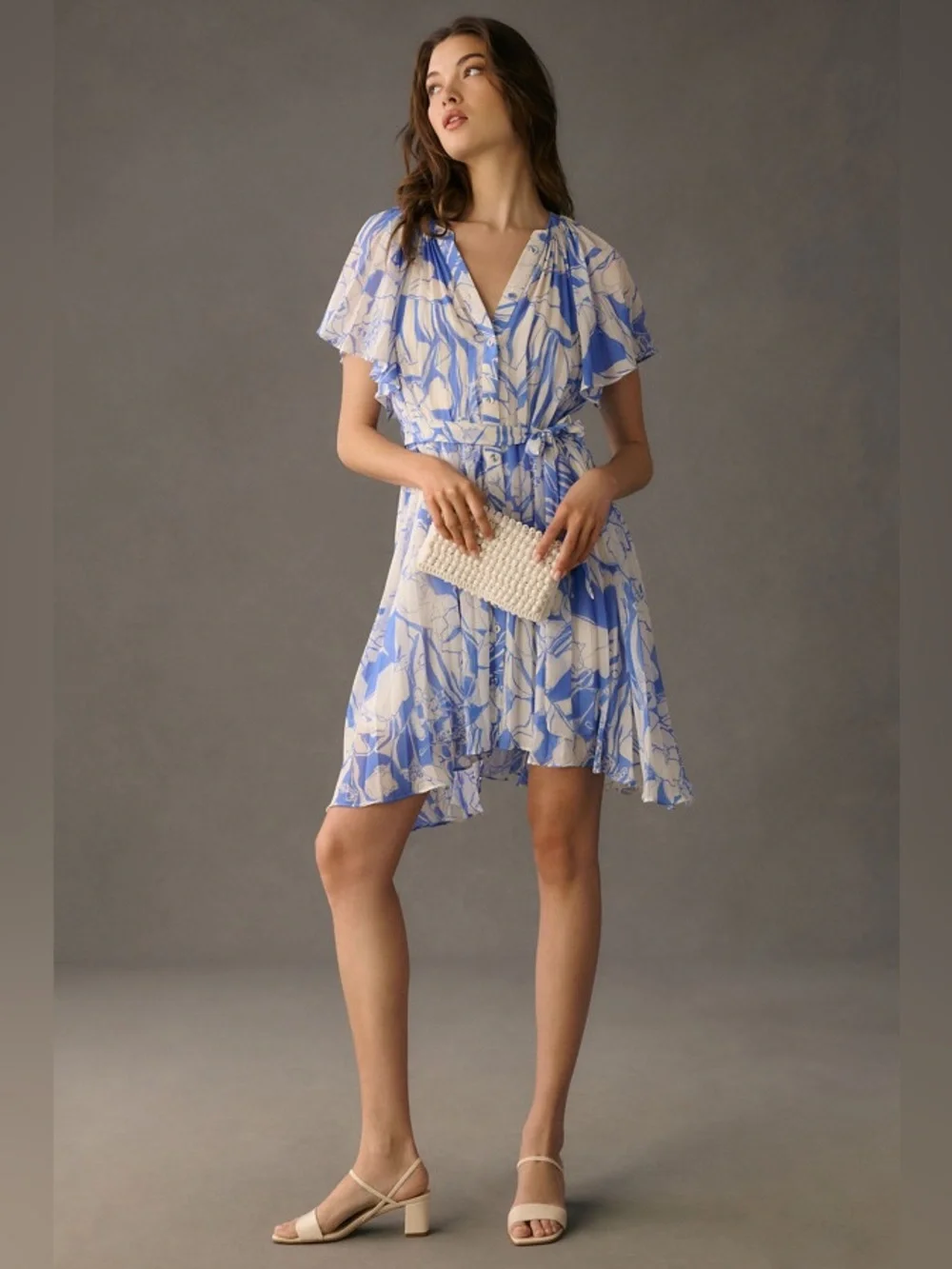 Anthropologie V-Neck Ruffle-Sleeve Pleated Dress Small Blue White Floral Boho